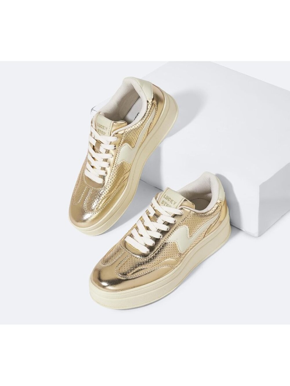 Women's Gold/White Suede Genuine Leather Walking Shoes Platform Fashion Sneakers - Picture 5 of 7